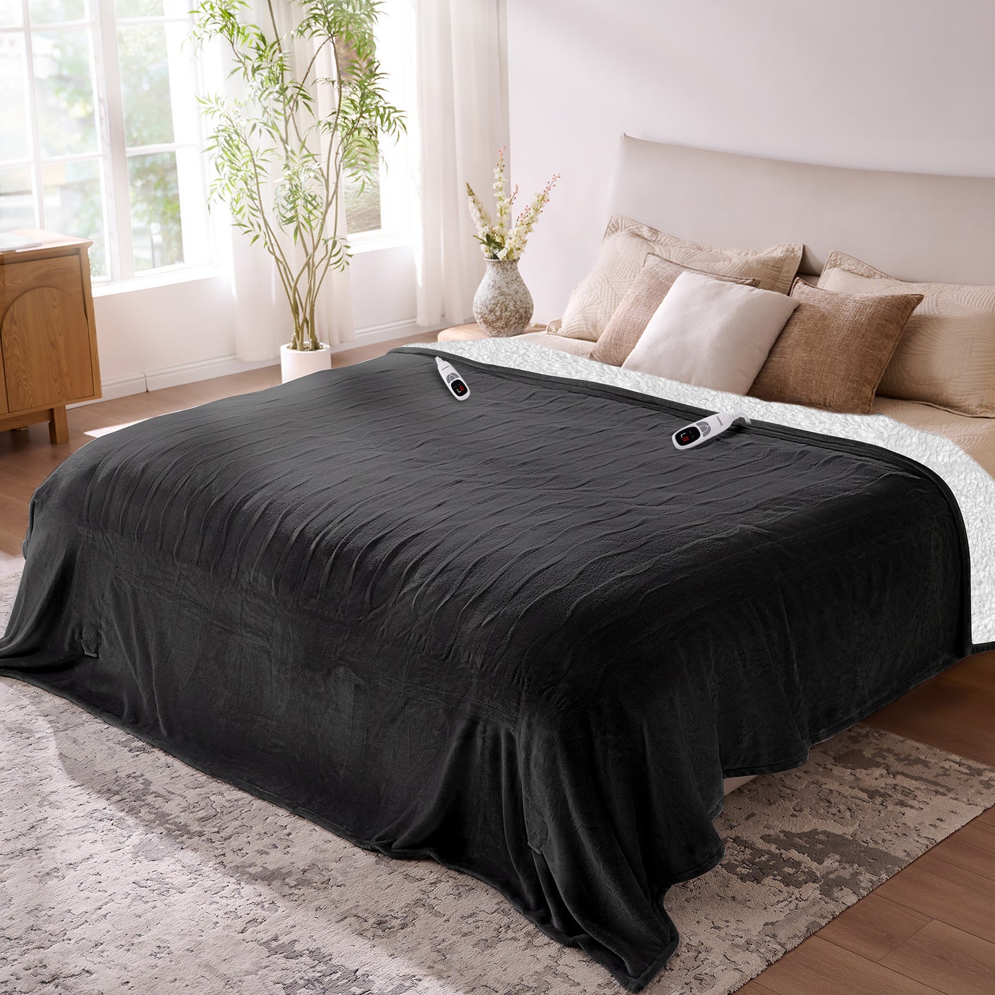 Electric Blanket King Size 100"x90", Flannle to Sherpa (Grey/Camel/Black)