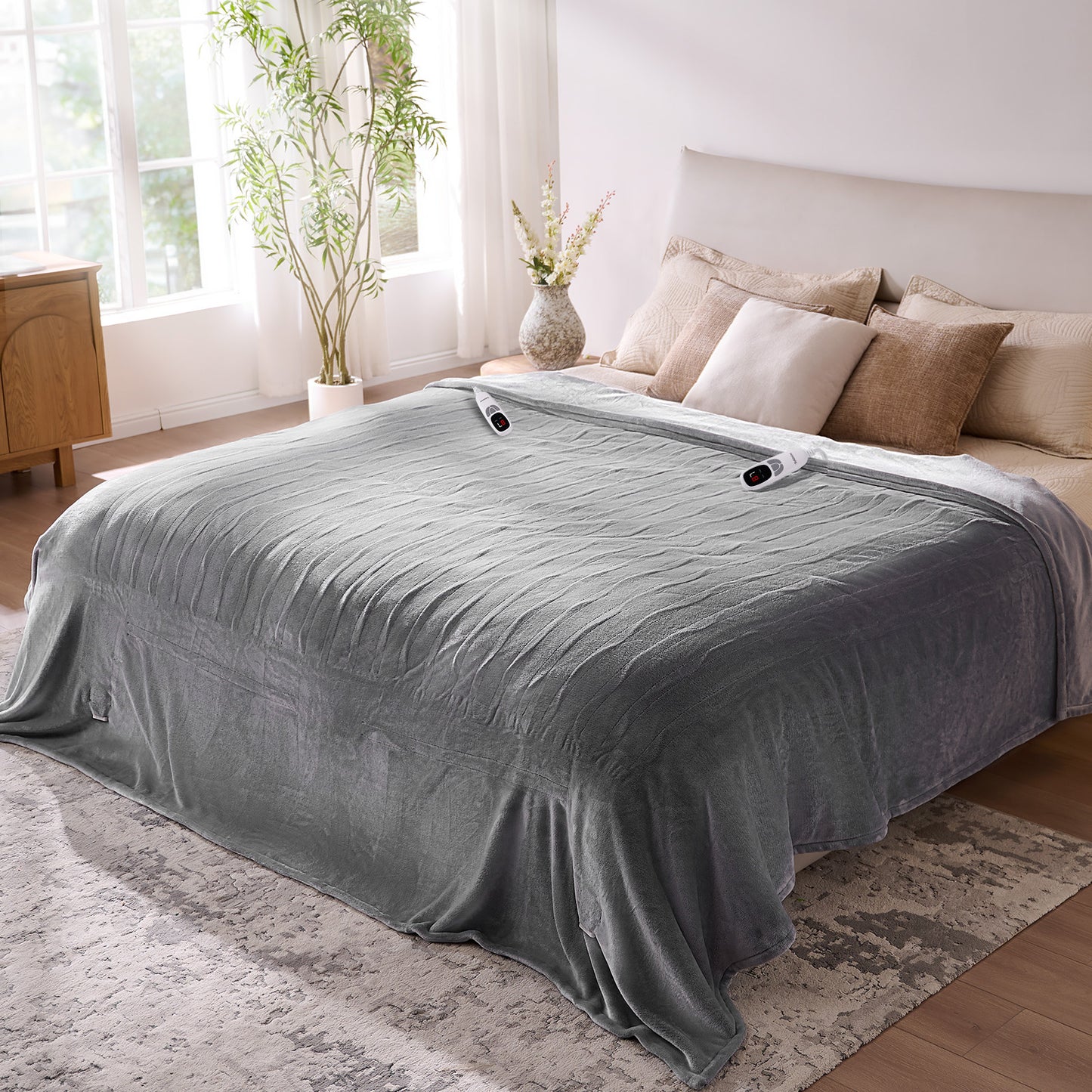Electric Blanket King Size, 100”x90“ Soft Flannel (Camel/Grey/Black)