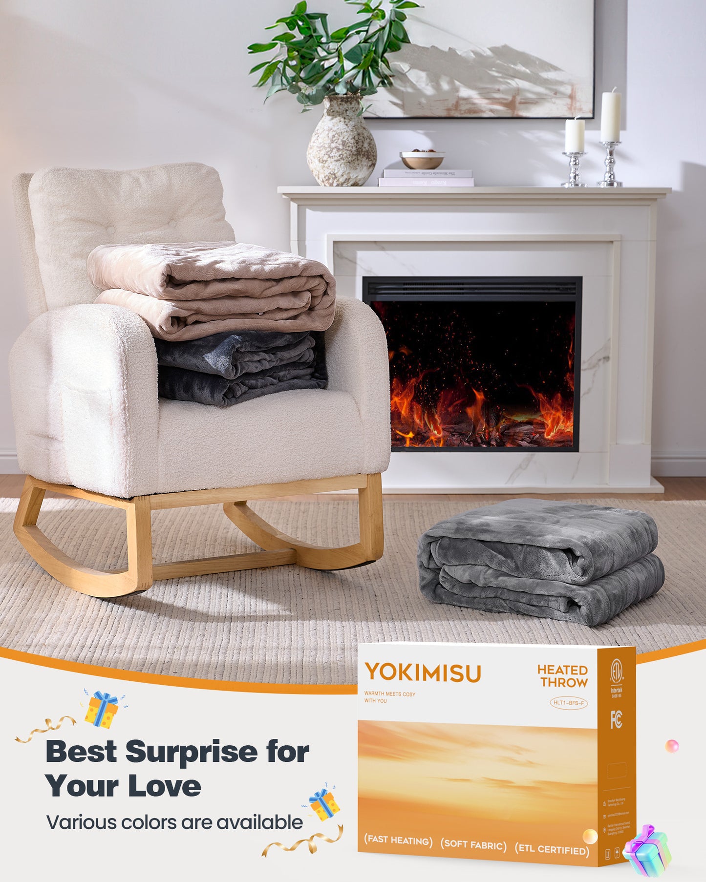 Electric Blanket King Size, 100”x90“ Soft Flannel (Camel/Grey/Black)