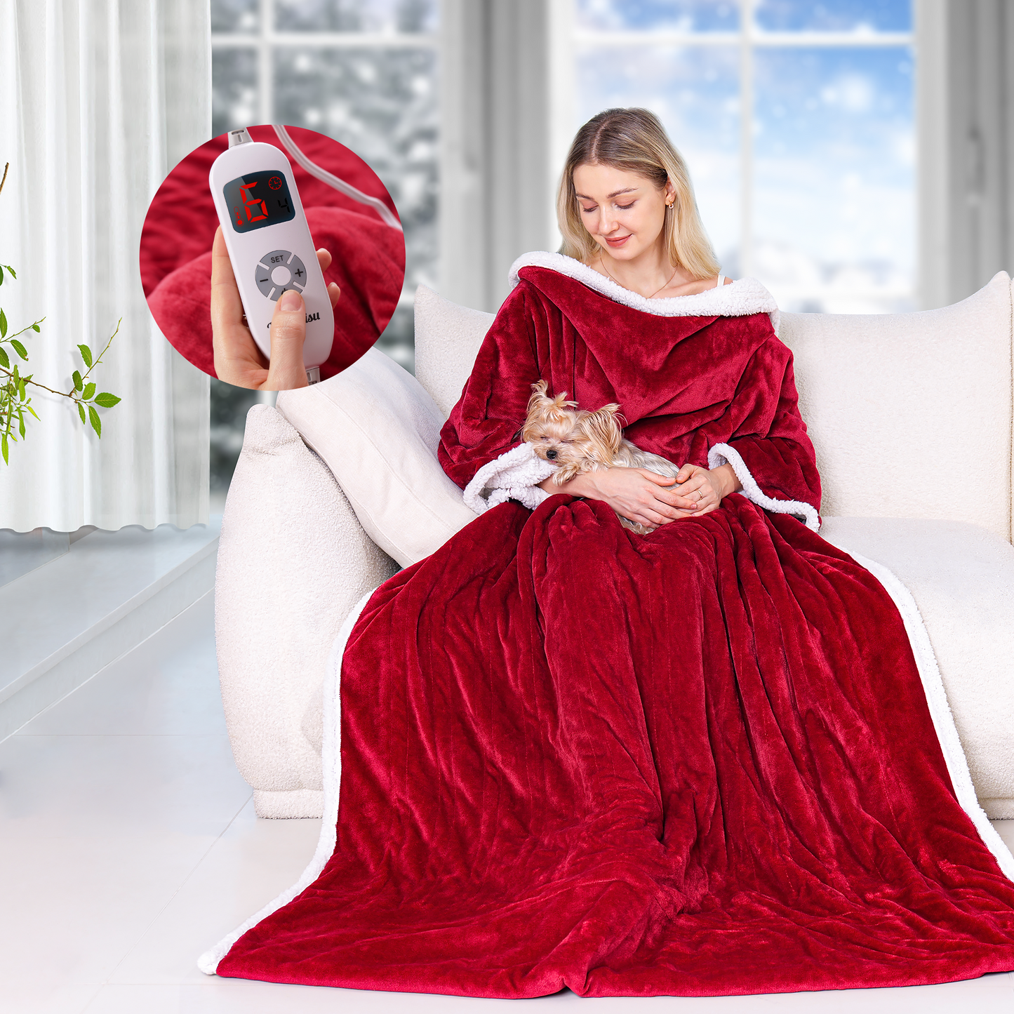 Wearable Heated Snugle, Electric Blanket 50x70in (Grey/Red/Light Yellow)