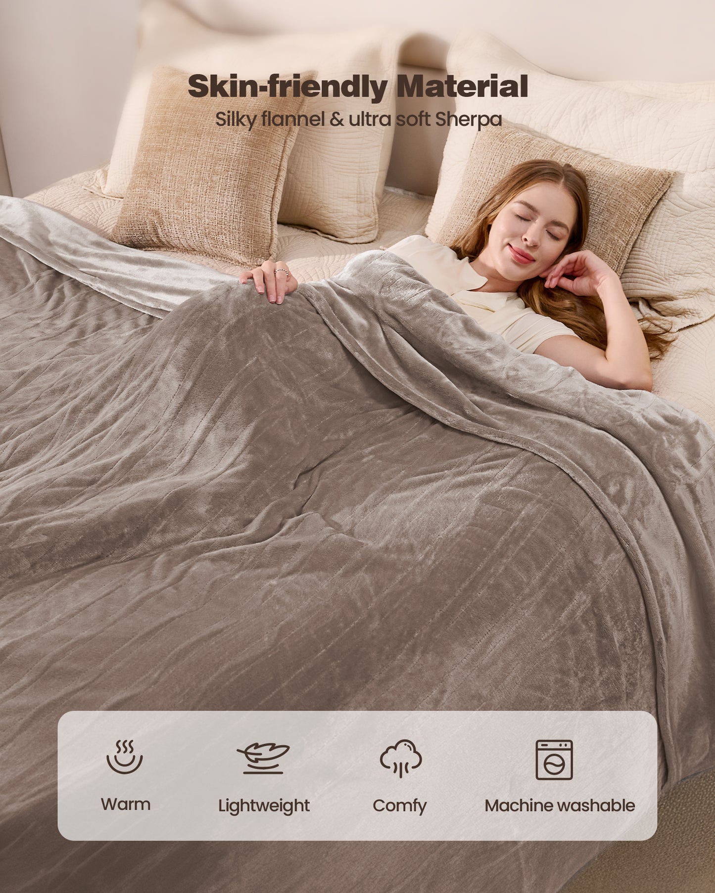 Electric Blanket King Size, 100”x90“ Soft Flannel (Camel/Grey/Black)