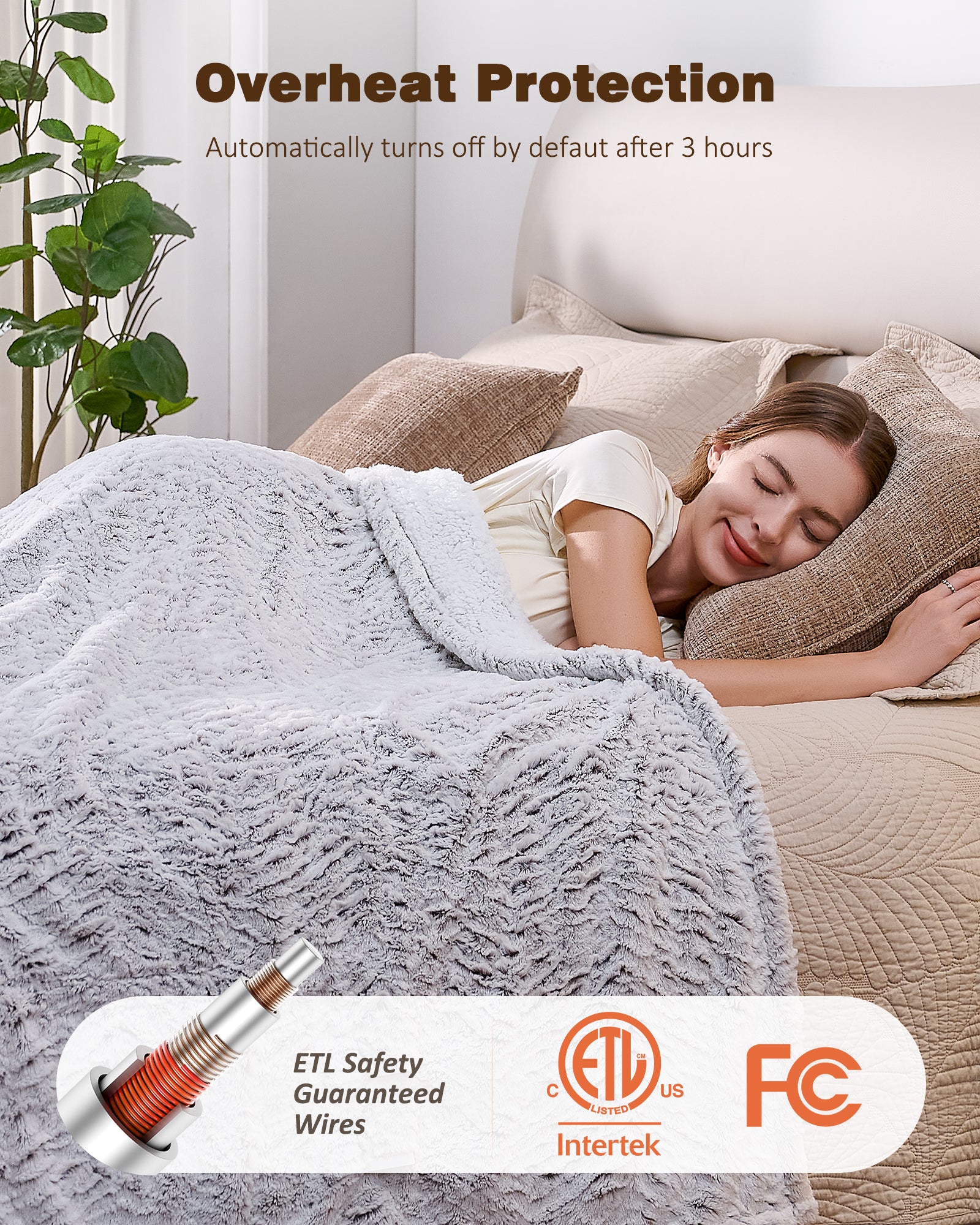 Electric Blanket Twin Size, 62”x84“ Faux Fur (Brushed Brown