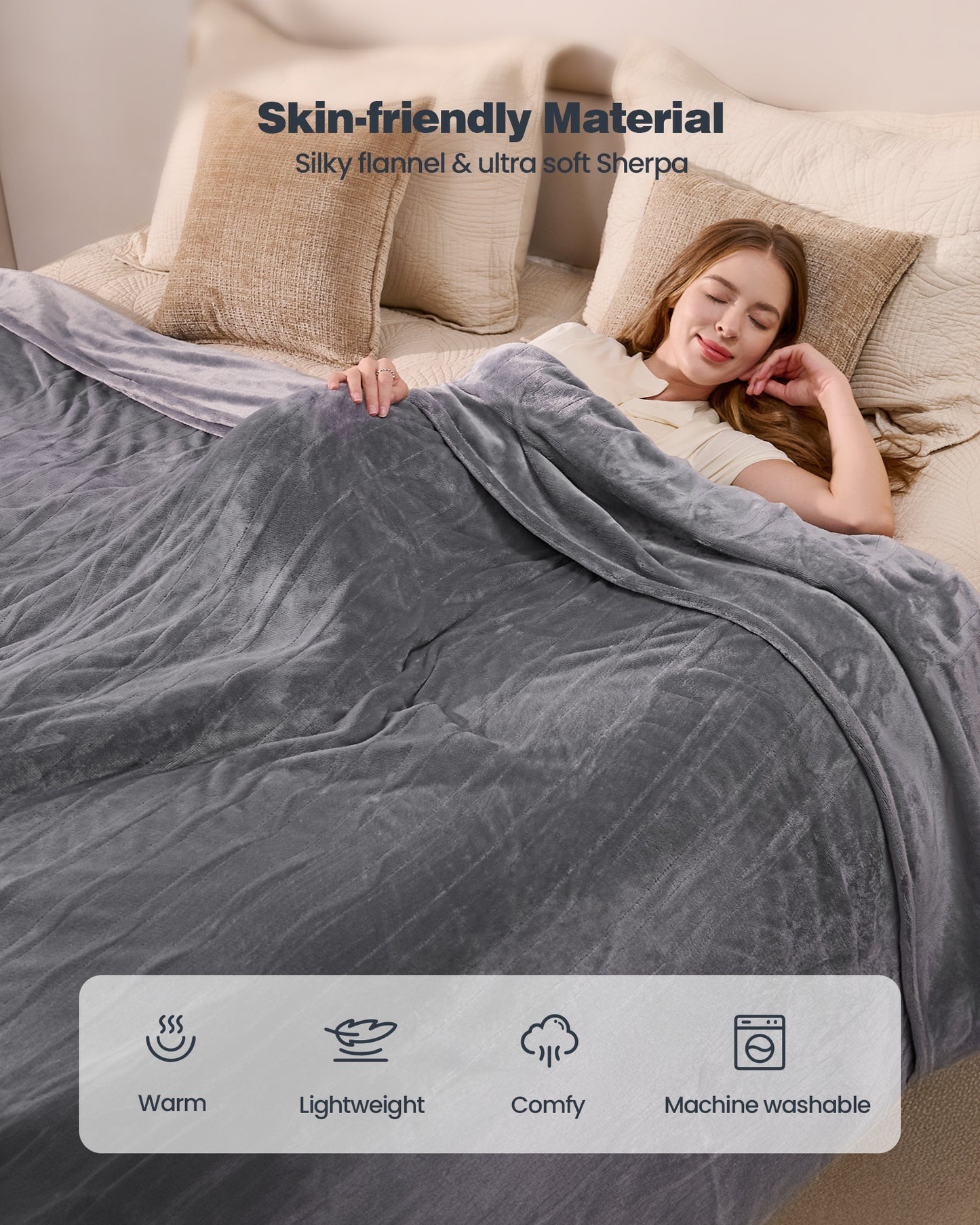 Electric Blanket King Size, 100”x90“ Soft Flannel (Camel/Grey/Black)