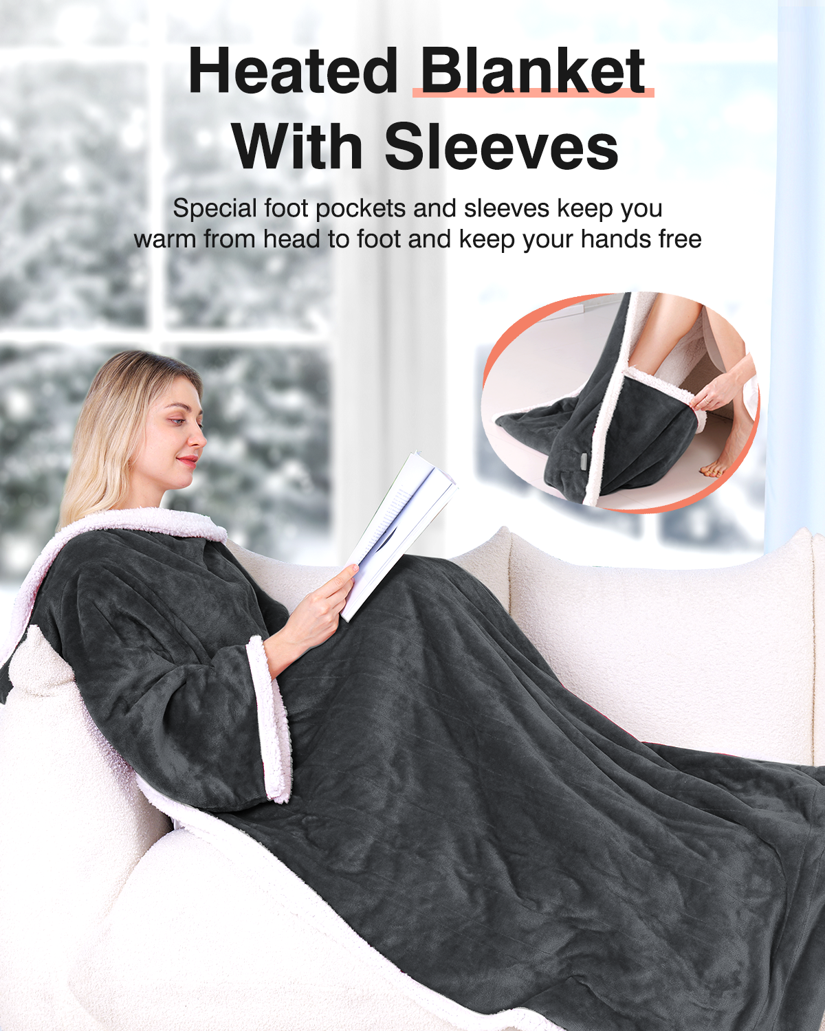 Wearable Heated Snugle, Electric Blanket 50x70in (Grey/Red/Light Yellow)