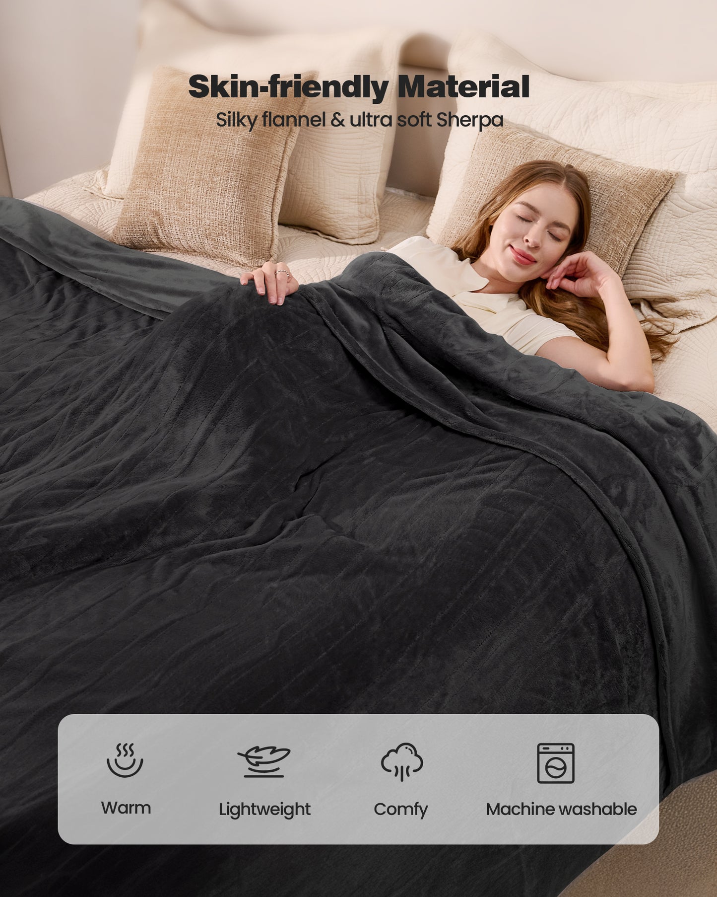Electric Blanket King Size, 100”x90“ Soft Flannel (Camel/Grey/Black)