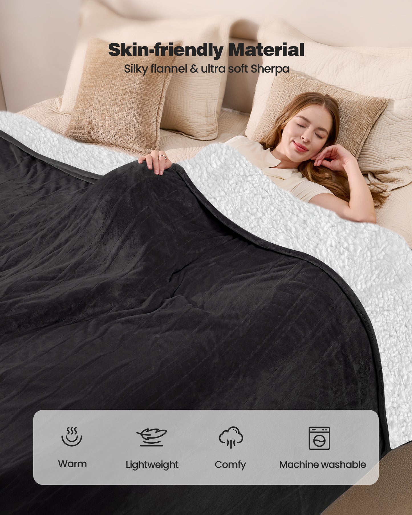 Electric Blanket King Size 100"x90", Flannle to Sherpa (Grey/Camel/Black)