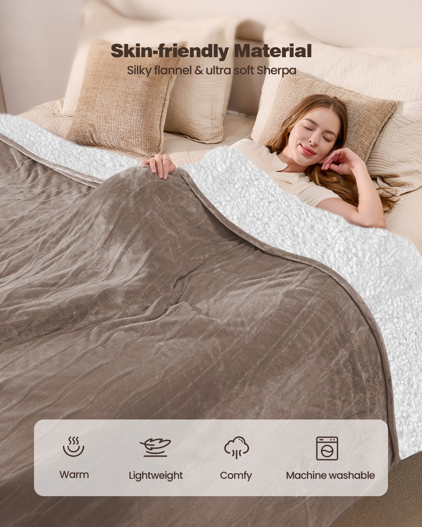 Electric Blanket King Size 100"x90", Flannle to Sherpa (Grey/Camel/Black)