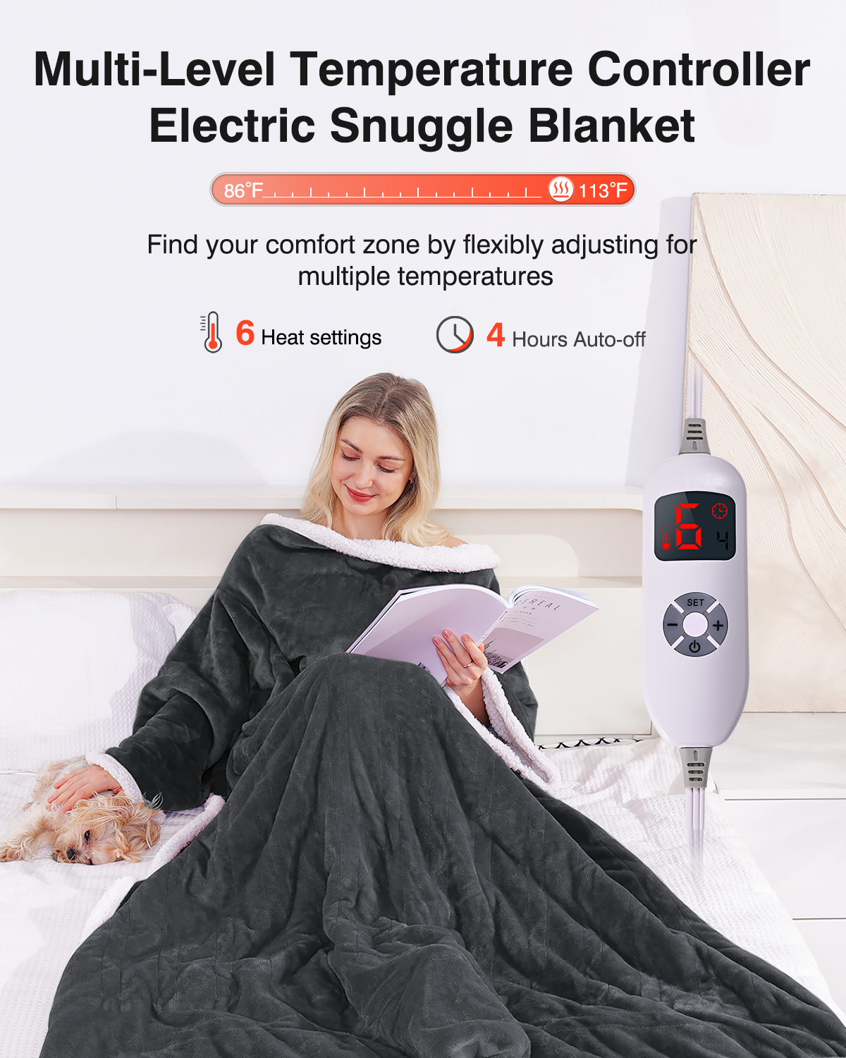 Wearable Heated Snugle, Electric Blanket 50x70in (Grey/Red/Light Yellow)