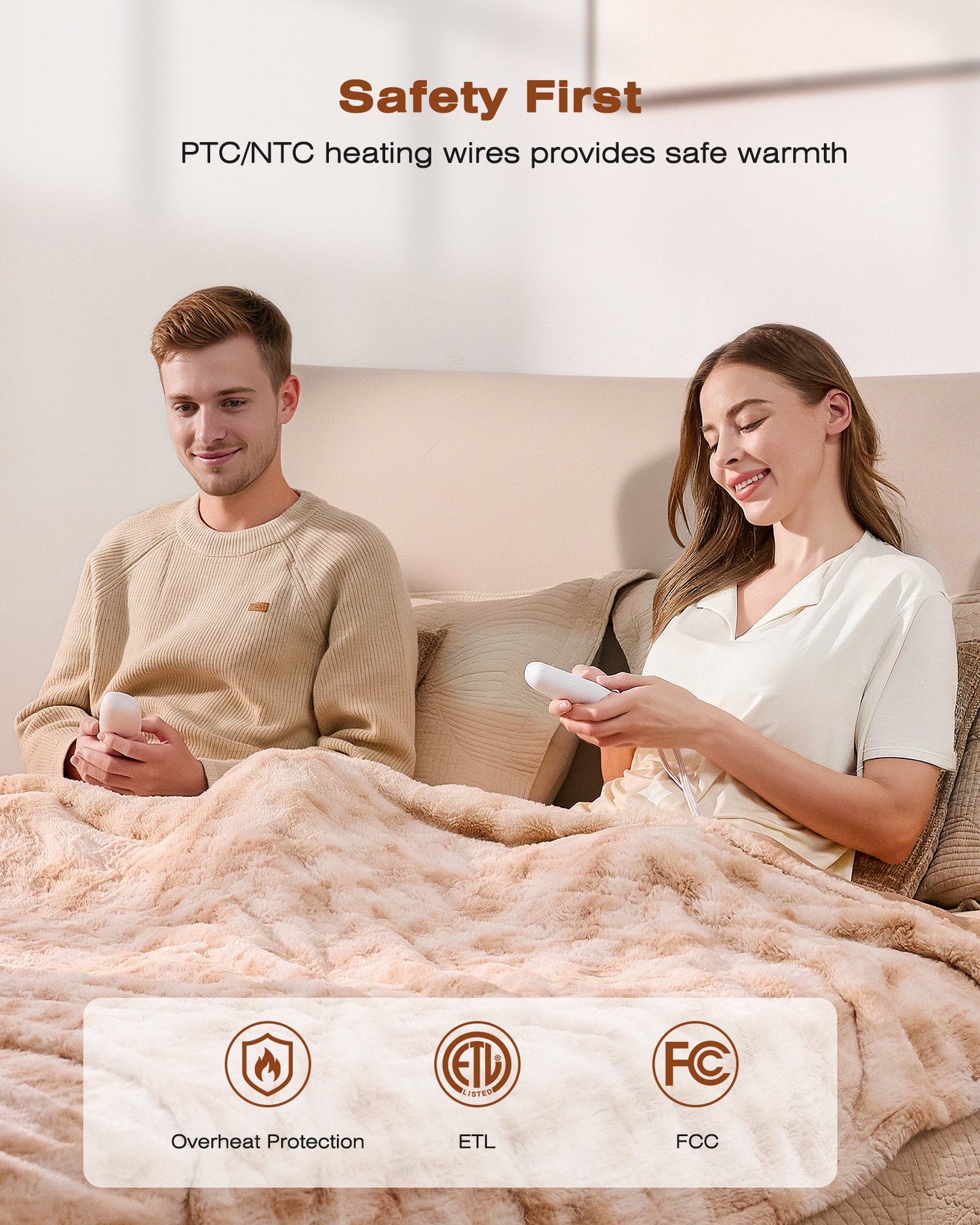 Electric Blanket King Size, 90"x100", Faux Fur (Tan)