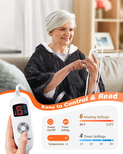 Wearable Heated Hoodie, Electric Blanket 50x70in (Grey/Light Yellow)