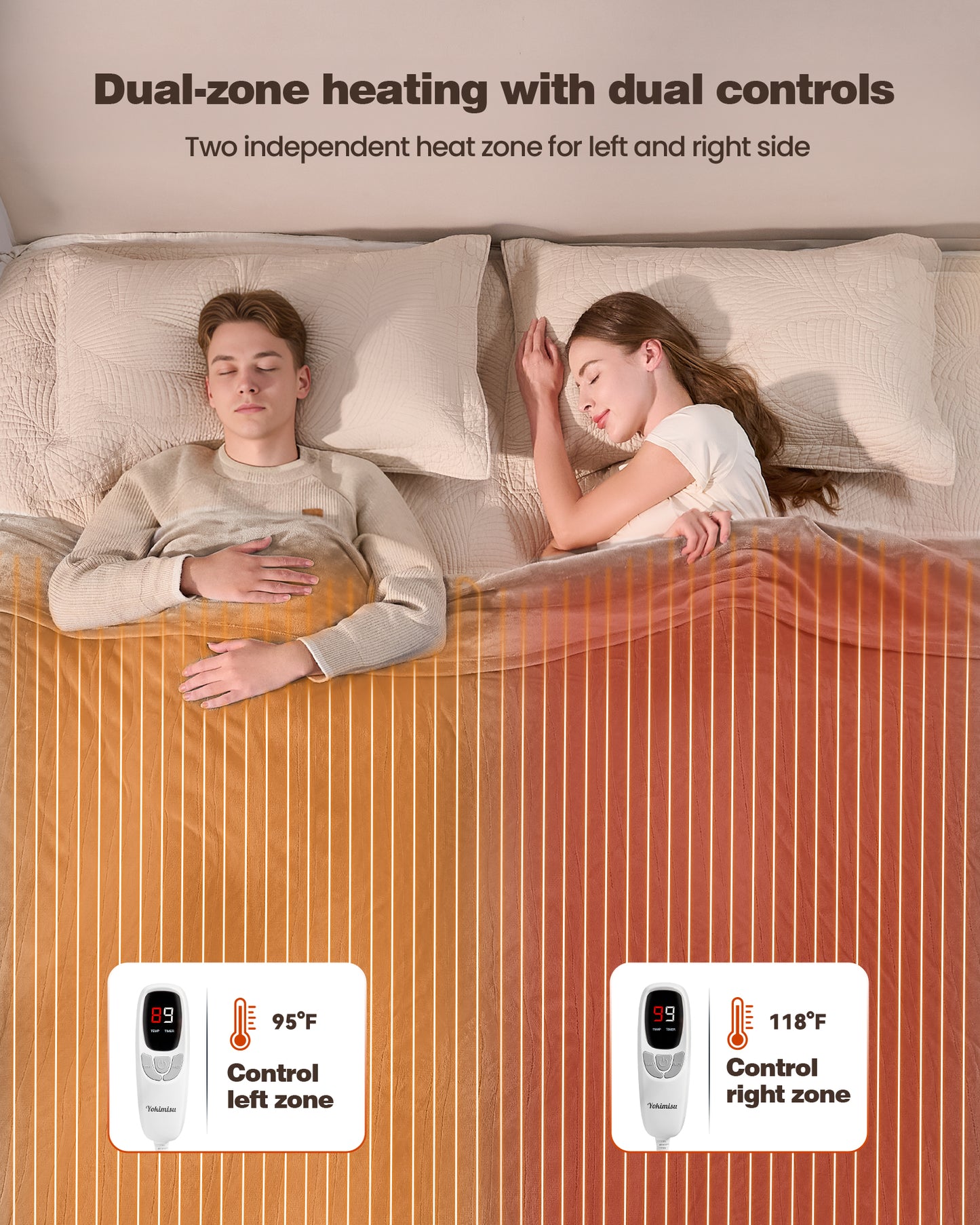 Electric Blanket King Size, 100”x90“ Soft Flannel (Camel/Grey/Black)