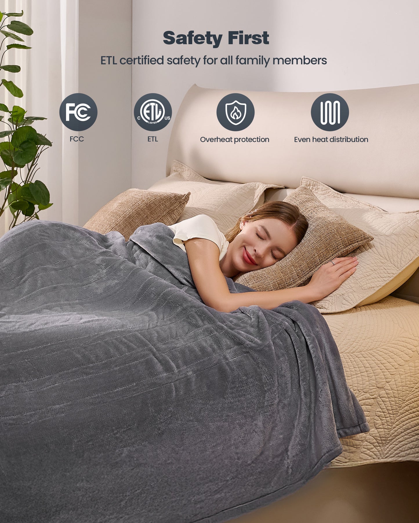 Electric Blanket King Size, 100”x90“ Soft Flannel (Camel/Grey/Black)