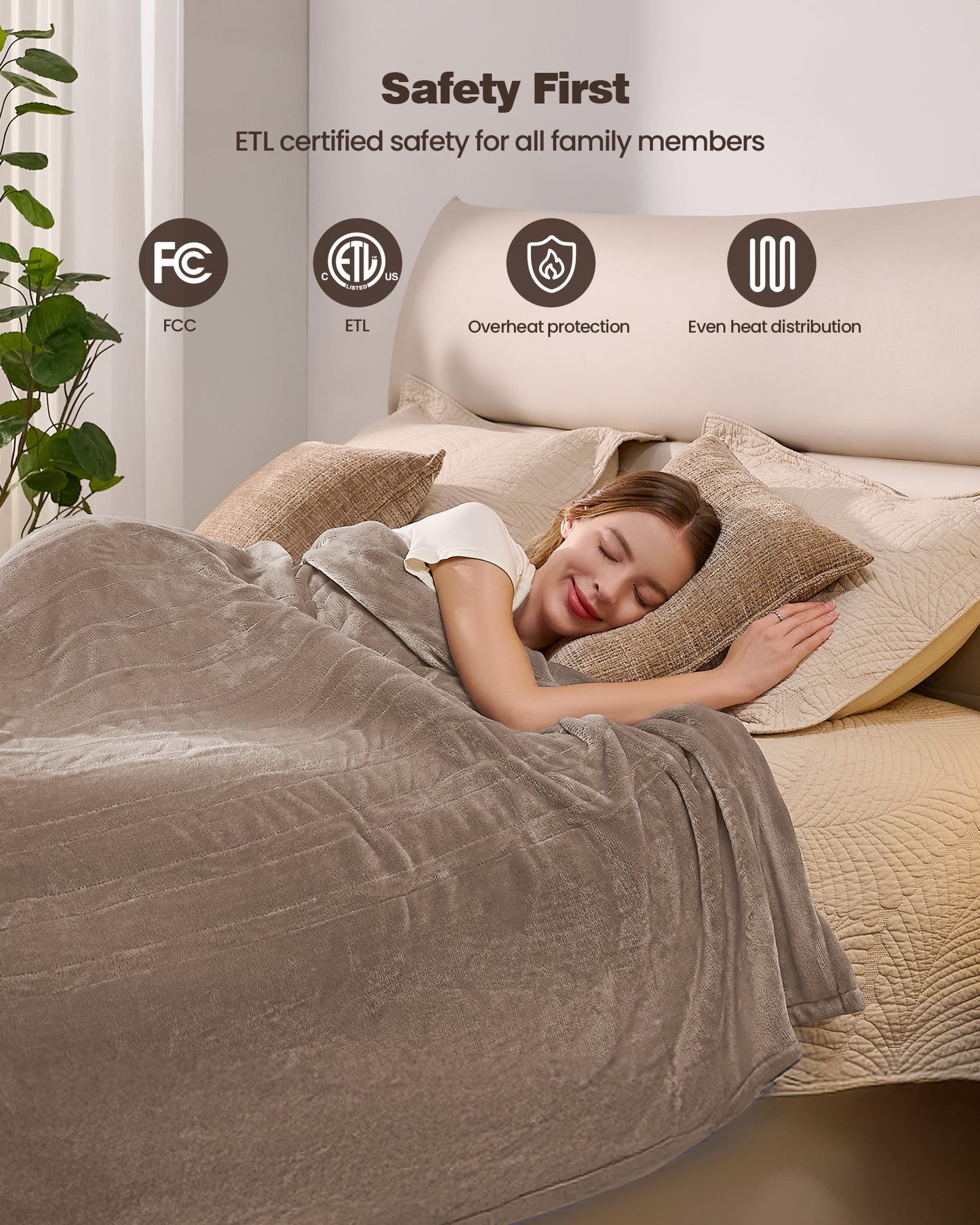 Electric Blanket King Size, 100”x90“ Soft Flannel (Camel/Grey/Black)