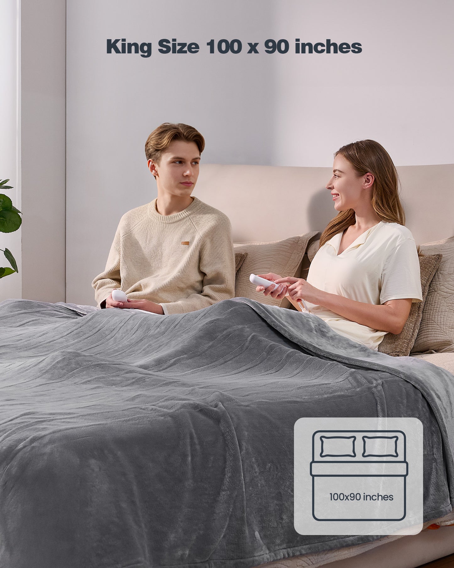 Electric Blanket King Size, 100”x90“ Soft Flannel (Camel/Grey/Black)