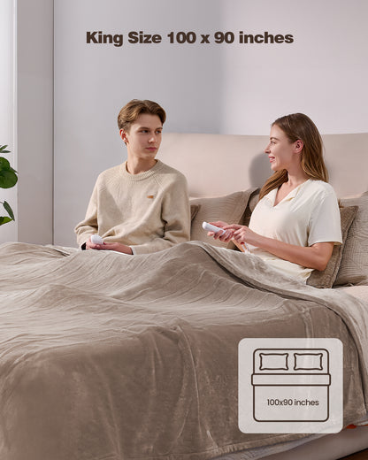 Electric Blanket King Size, 100”x90“ Soft Flannel (Camel/Grey/Black)