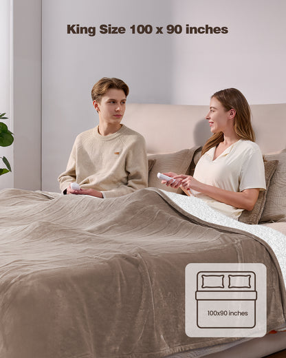 Electric Blanket King Size 100"x90", Flannle to Sherpa (Grey/Camel/Black)