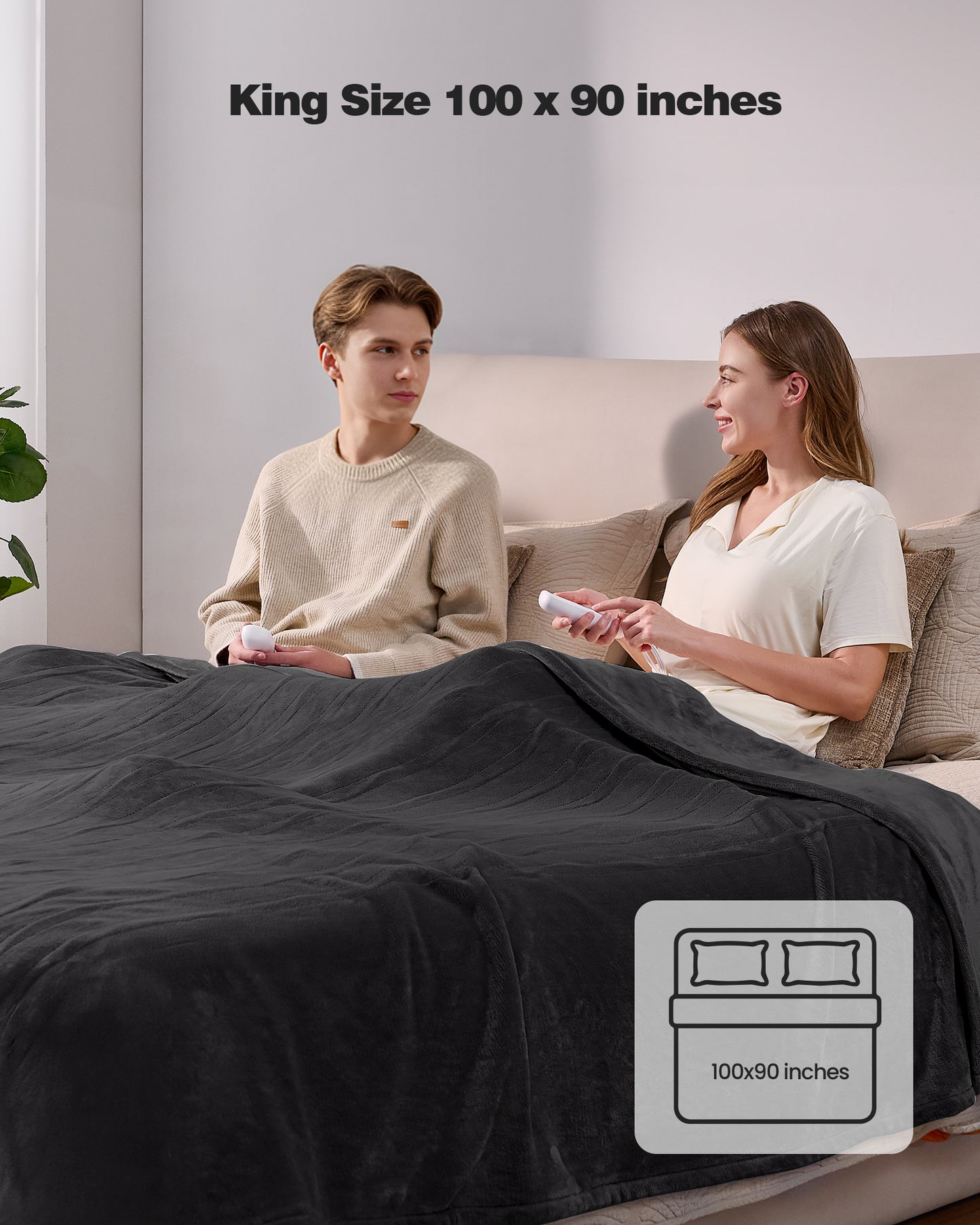 Electric Blanket King Size, 100”x90“ Soft Flannel (Camel/Grey/Black)