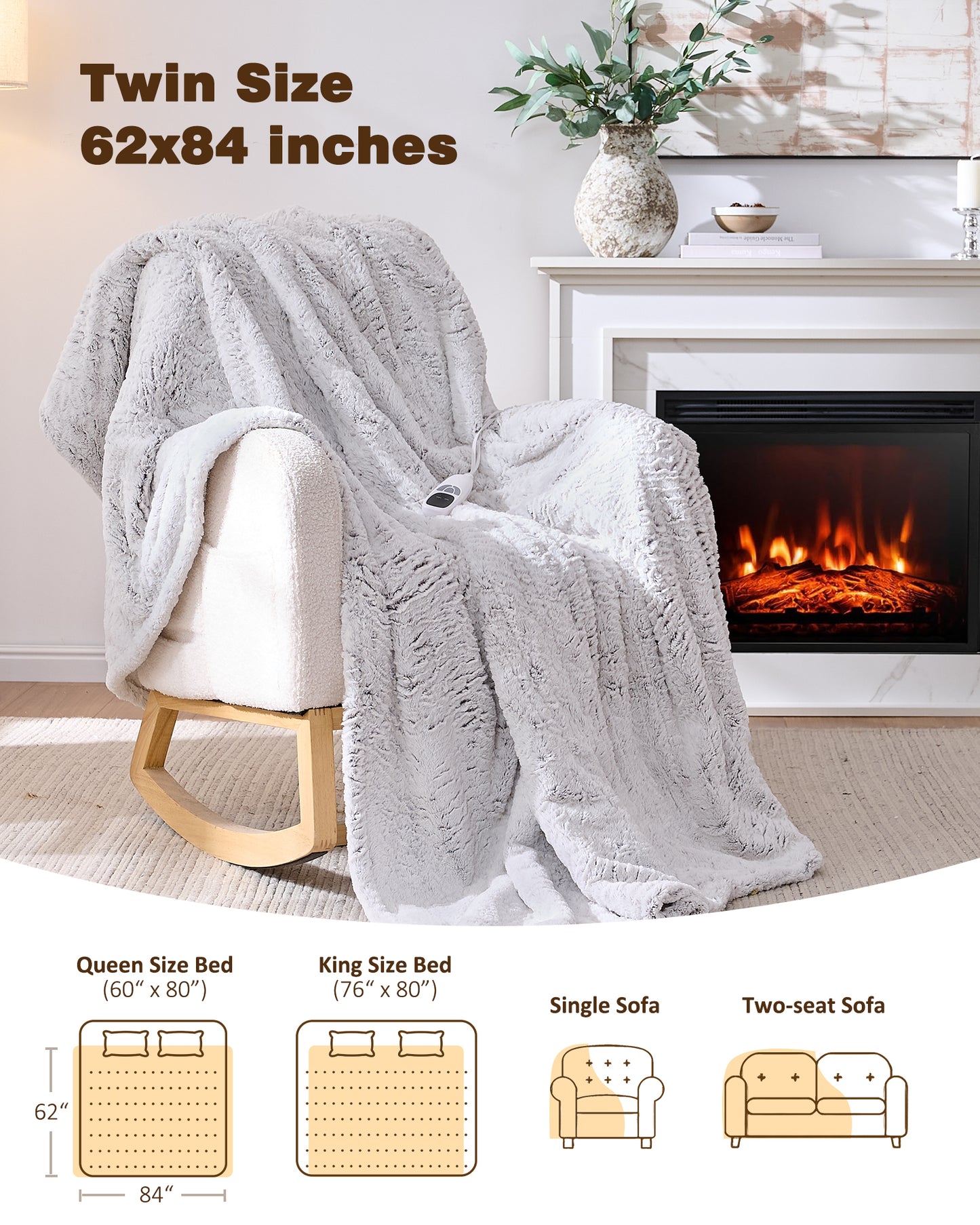 Electric Blanket Twin Size, 62”x84“ Faux Fur (Brushed Brown)